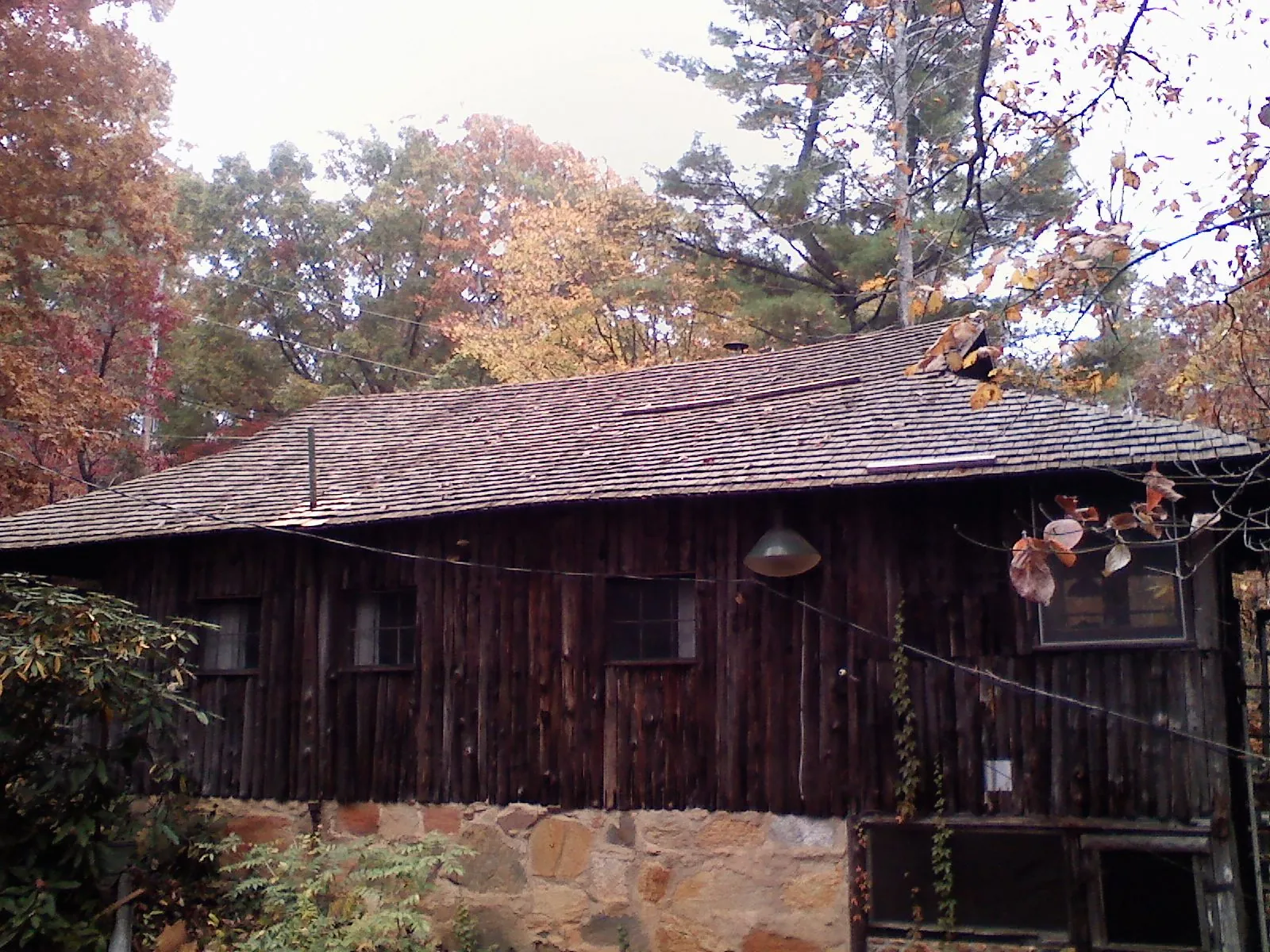 Weathered wood shake roof on a rustic board sided cabin in Shrewsbury